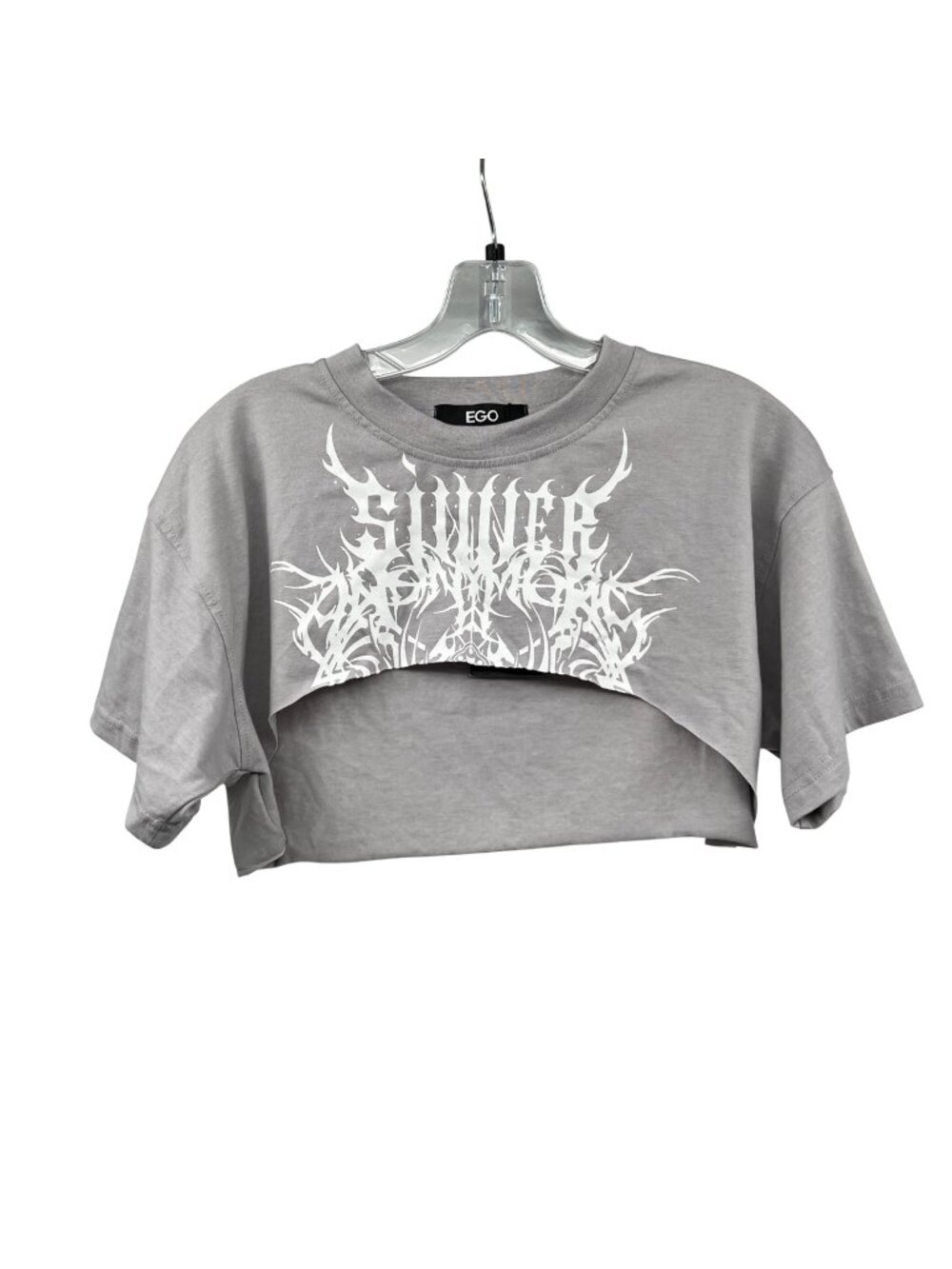 EGO Women's Graphic Top Crop Gray and White Short Sleeve Size 8 New